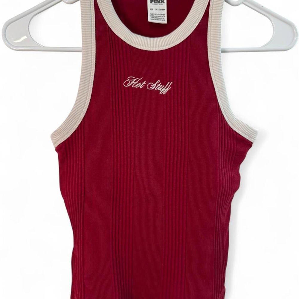 Victorias Secret PINK Red Ribbed Tank Top Built In Bra Hot Stuff Ringer Small